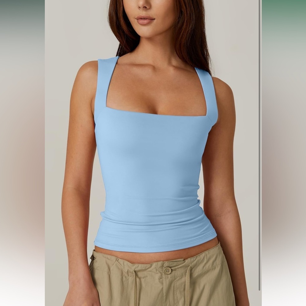 Women Square Neck Sleeveless Double-Layer Tank Top Basic Tight T Shirt Blue L